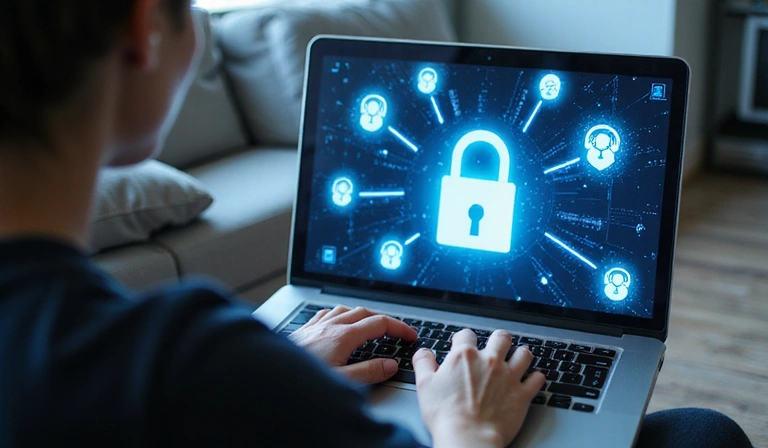 Personne utilisant un ordinateur portable, illustrant la protection des données en ligne.